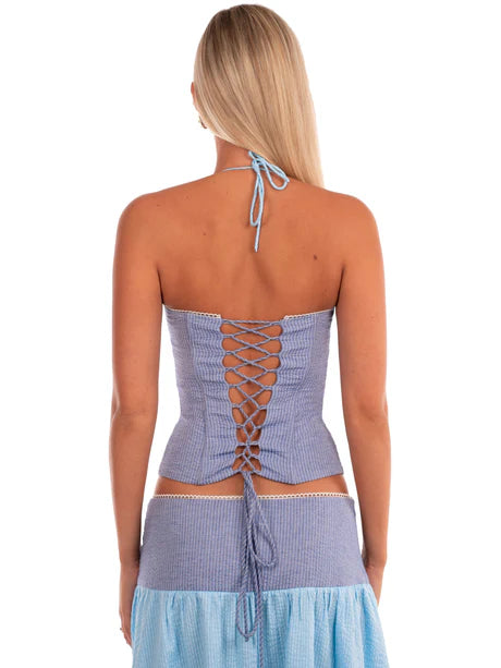 Blue Halter Lace-Up Corset Top