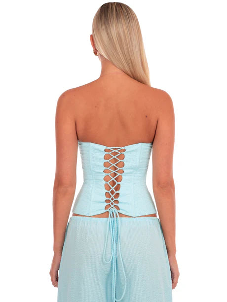 Sky Blue Lace-Up Strapless Corset Top