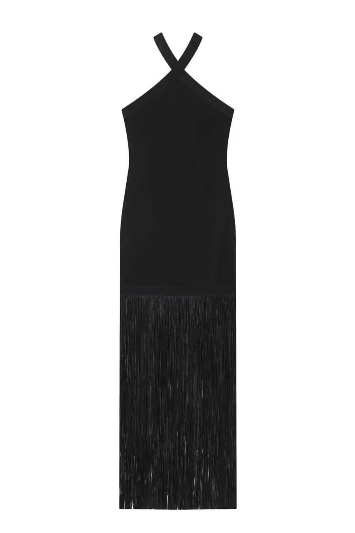 Black Fringe Halter Maxi Dress