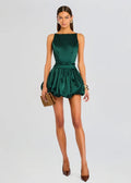 Emerald Green Satin Open Back Bubble Mini Dress