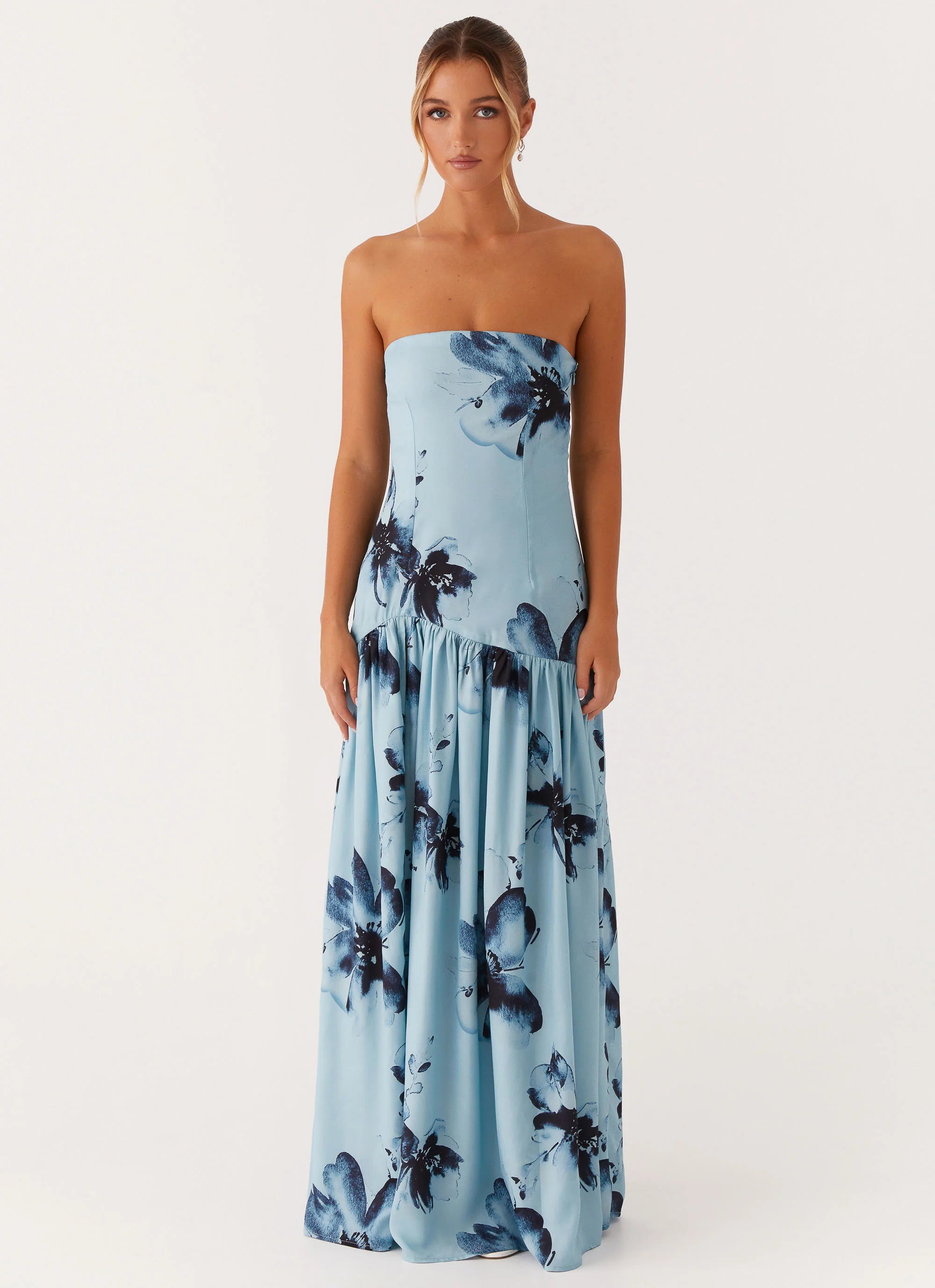Floral Print Strapless High-Slit Maxi Dress