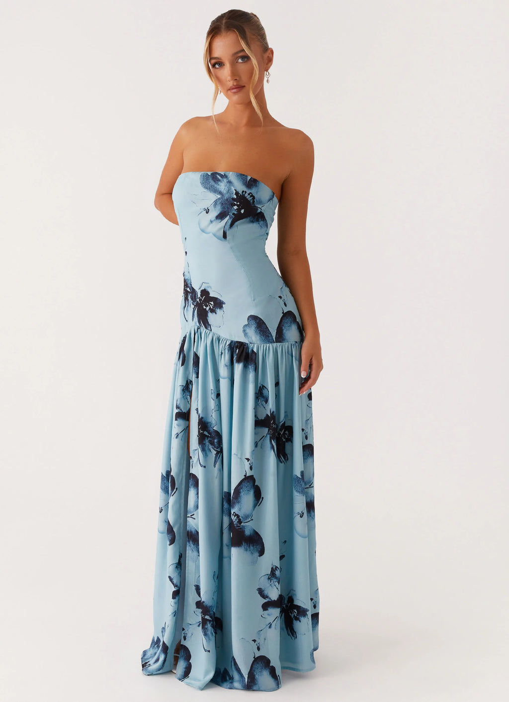 Floral Print Strapless High-Slit Maxi Dress