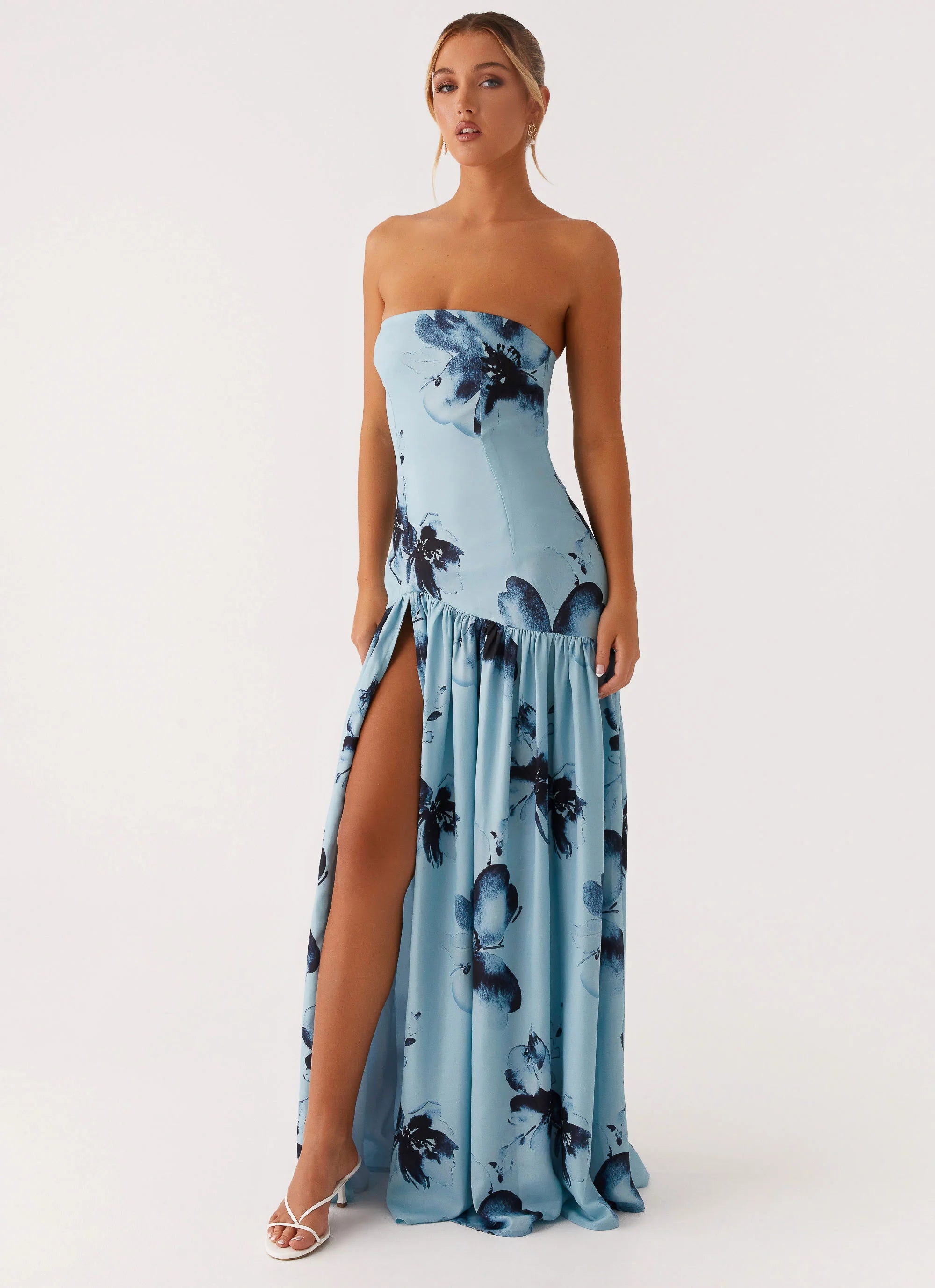 Floral Print Strapless High-Slit Maxi Dress