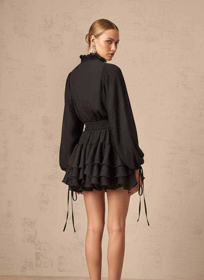 DH PRE-SPRING: REVEALED | "Aurelia" Noir Ruffled Tiered Mini Dress