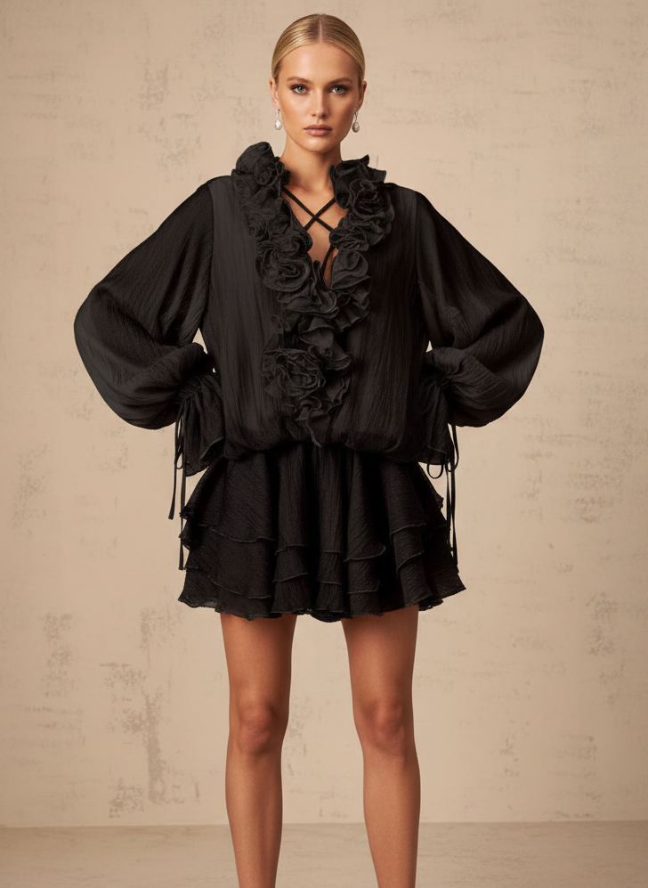 DH PRE-SPRING: REVEALED | "Aurelia" Noir Ruffled Tiered Mini Dress