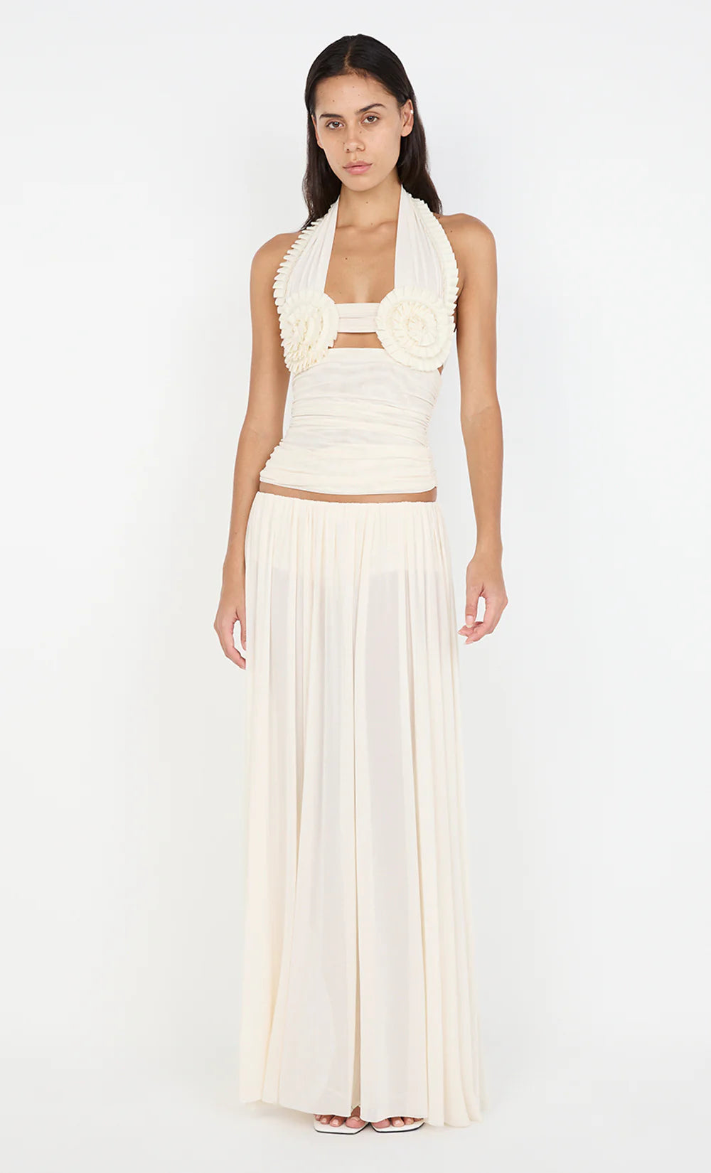 Ivory Petal Pleated Chiffon Maxi Skirt