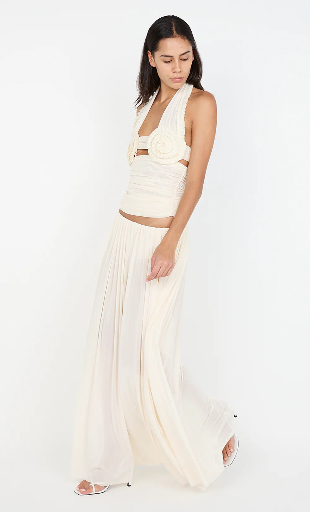 Ivory Petal Pleated Chiffon Maxi Skirt
