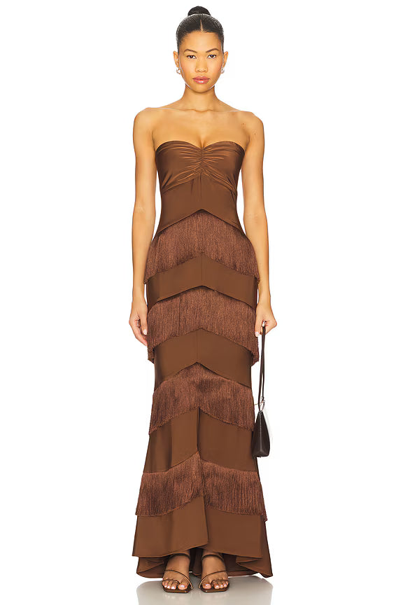 Cocoa Cascade Fringe Gown