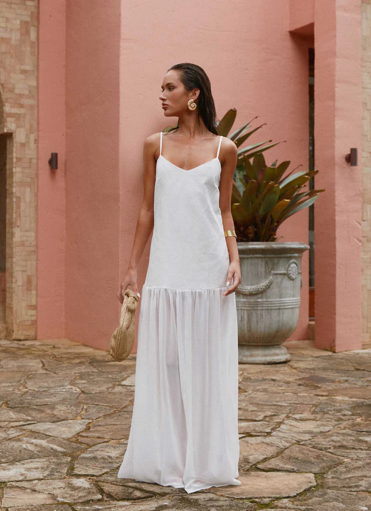 White Sheer Chiffon V Slip Maxi Dress