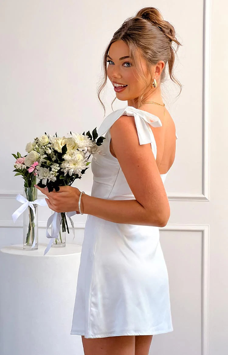 White Bow Strap Bridesmaid Mini Dress