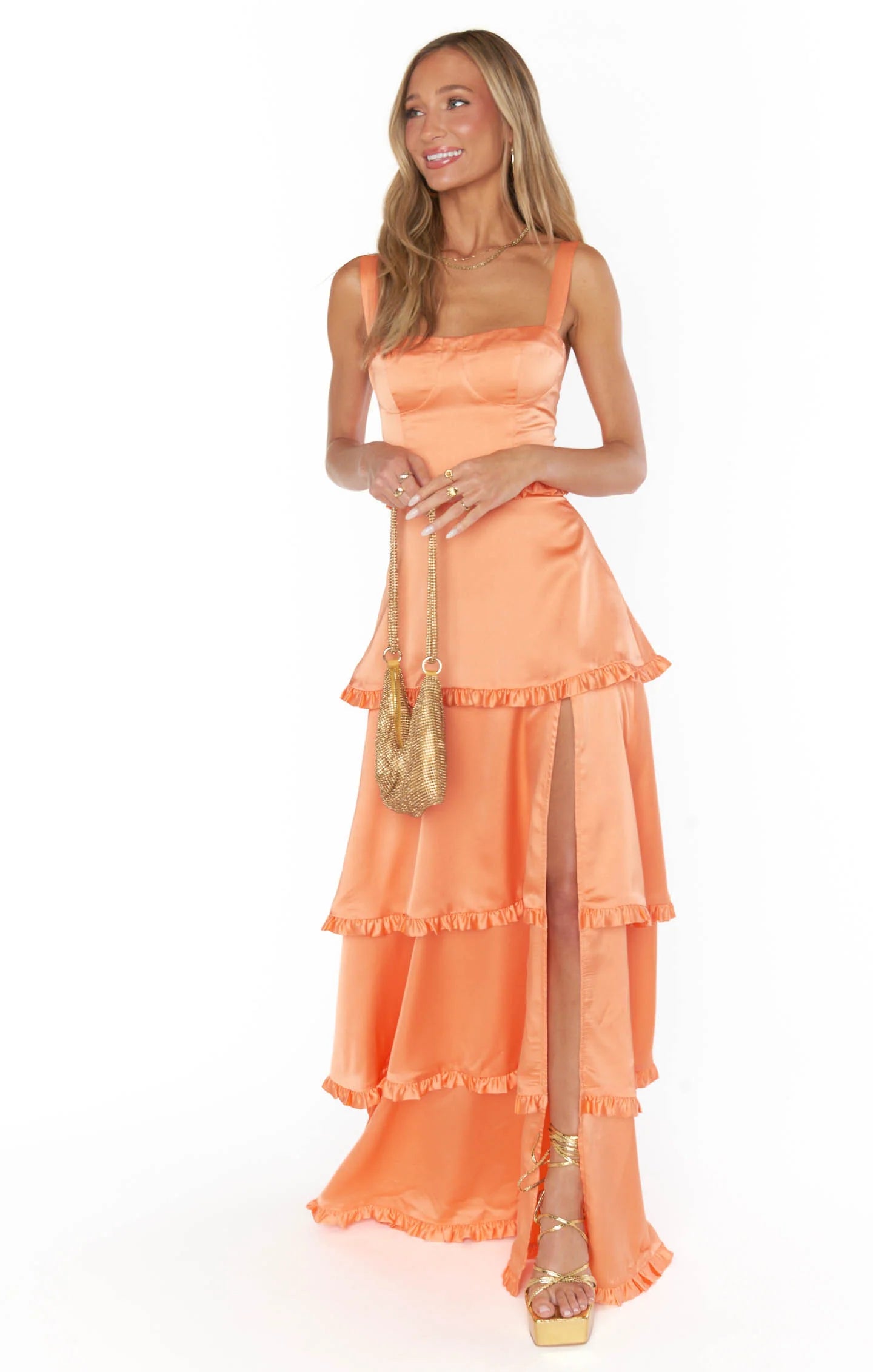 Amber Glow Cascade Maxi Dress