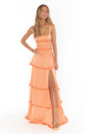 Amber Glow Cascade Maxi Dress