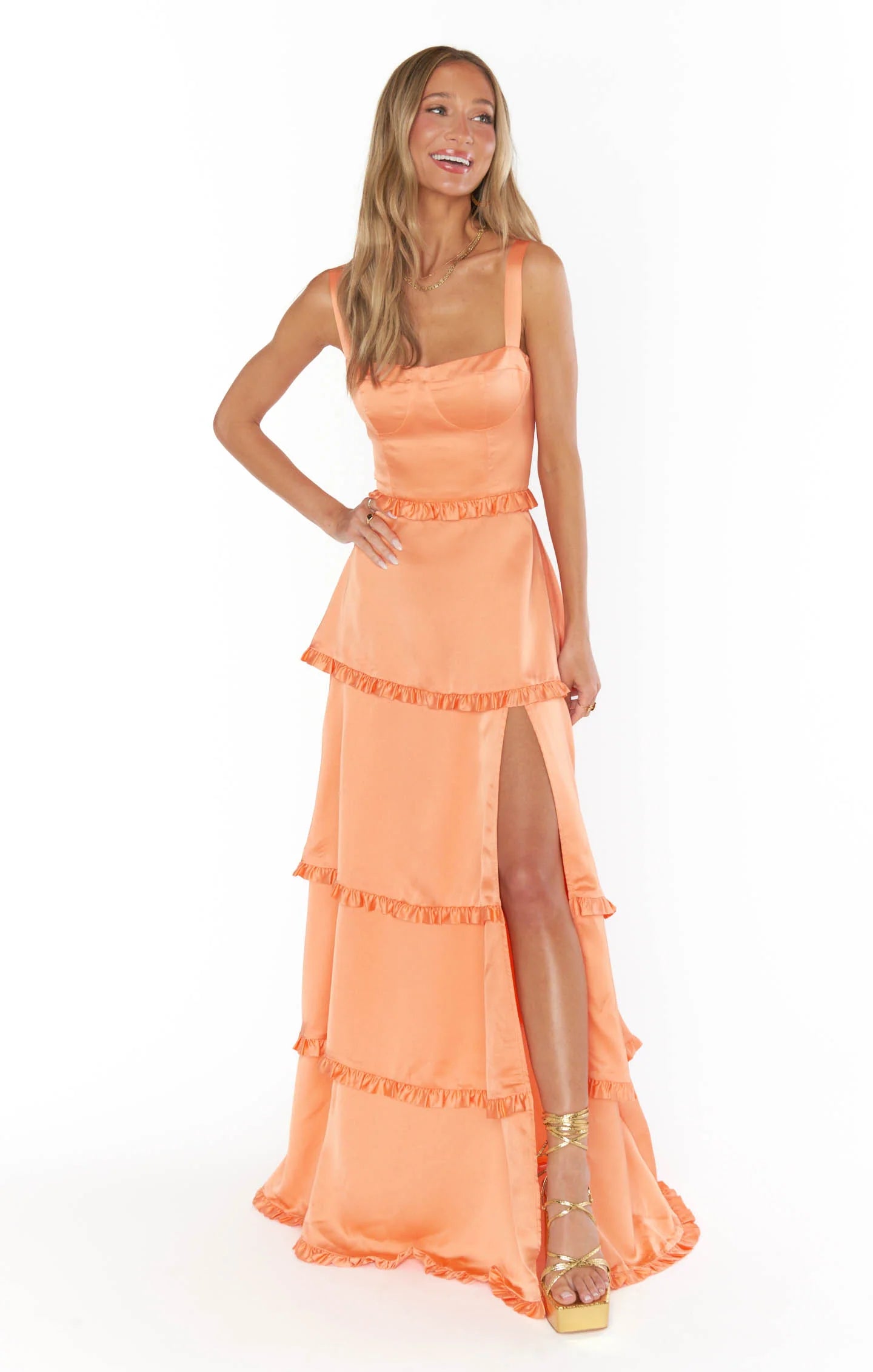 Amber Glow Cascade Maxi Dress