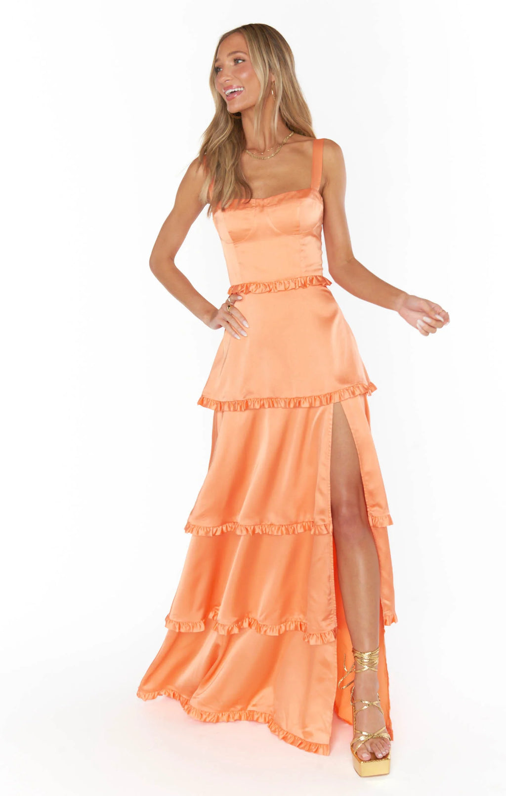 Amber Glow Cascade Maxi Dress