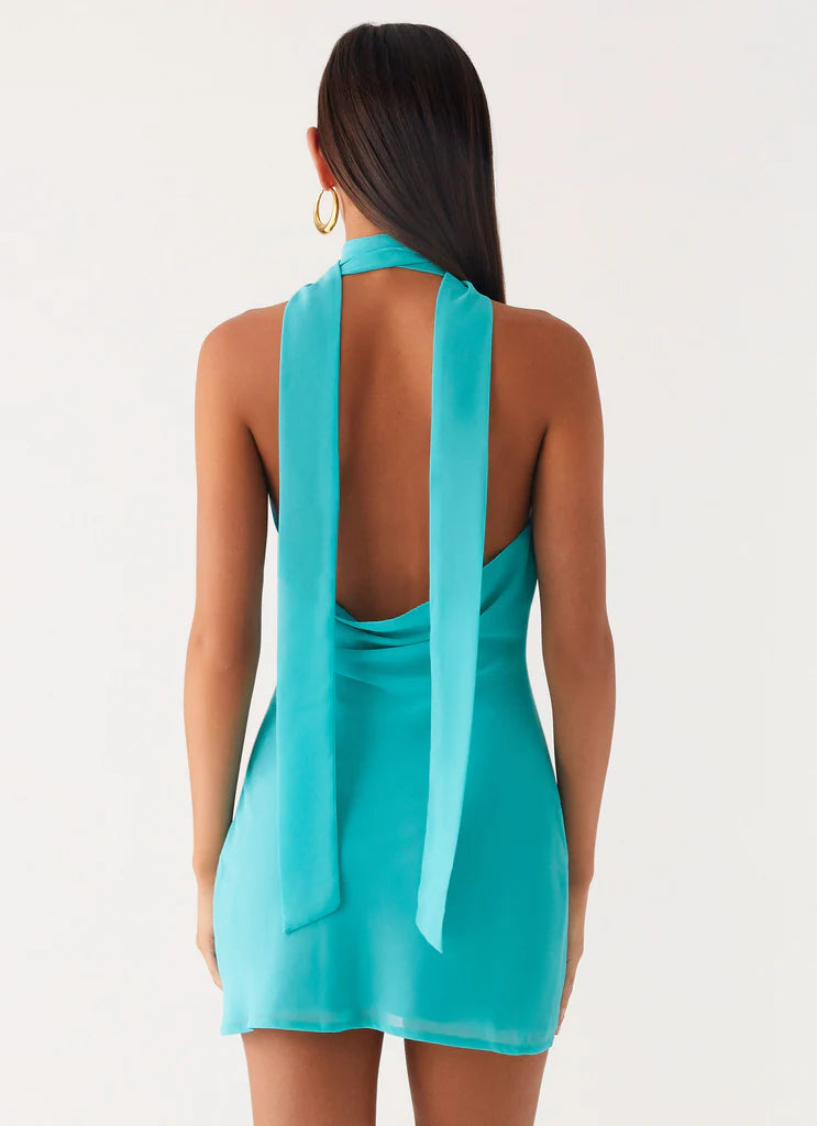 Sienna Deep V Halter Mini Dress - Teal Blue