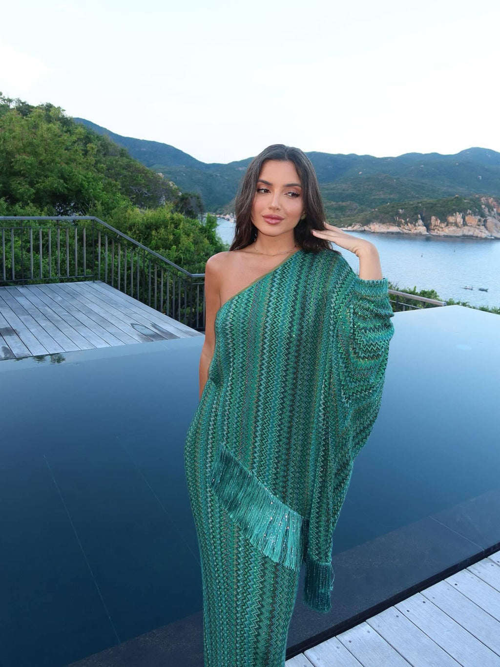One-Shoulder Tassel Striped Maxi Dress