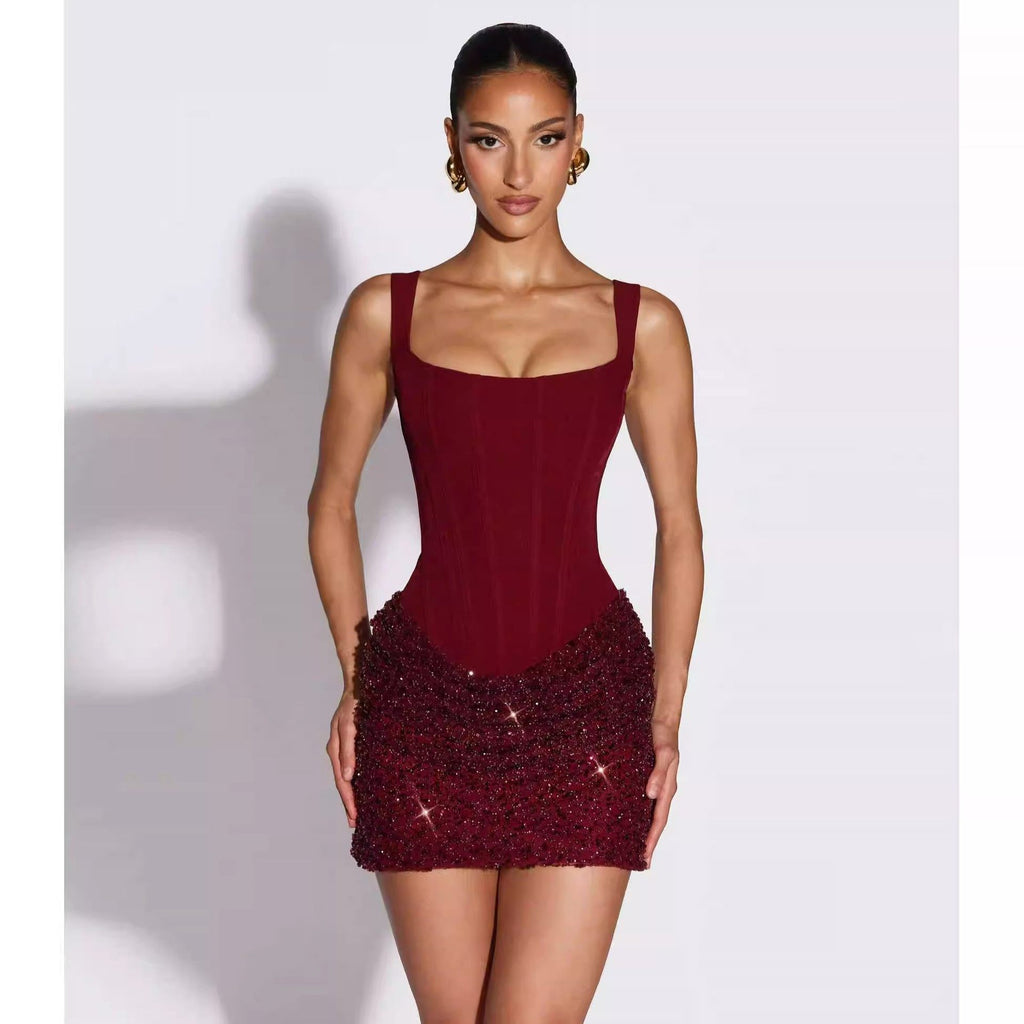 Morrigan Burgundy Beaded Corset Mini Dress - Midnight Siren