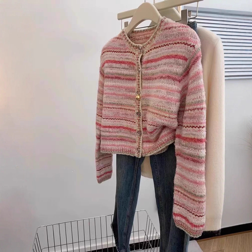Striped Tweed-Inspired Knit Cardigan – Chic & Cozy