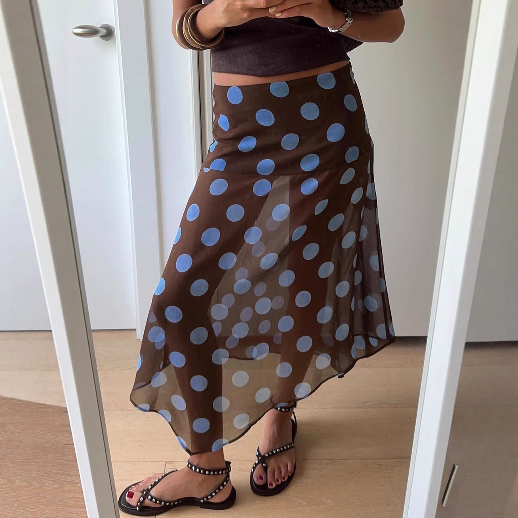 Dot Chiffon Ruffle Midi Skirt