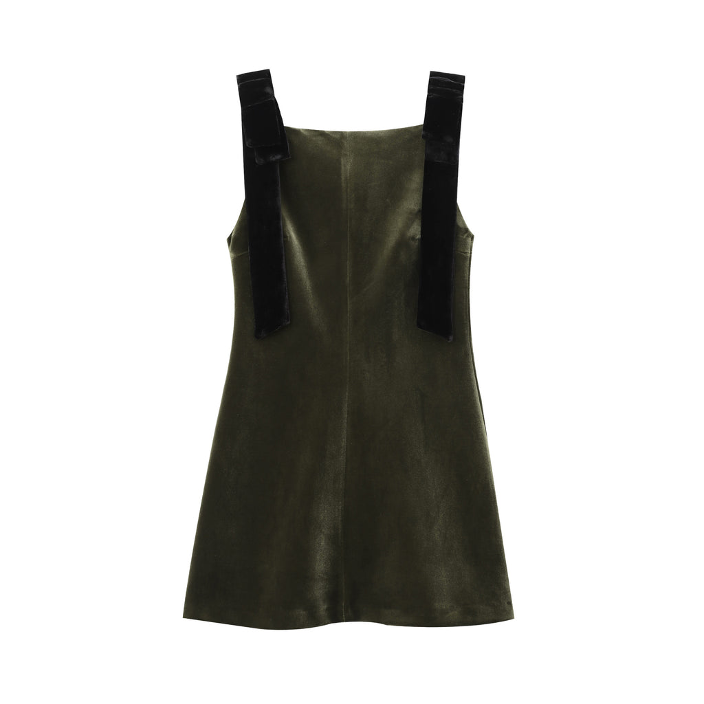 Olive Charm Velvet Bow Mini Dress