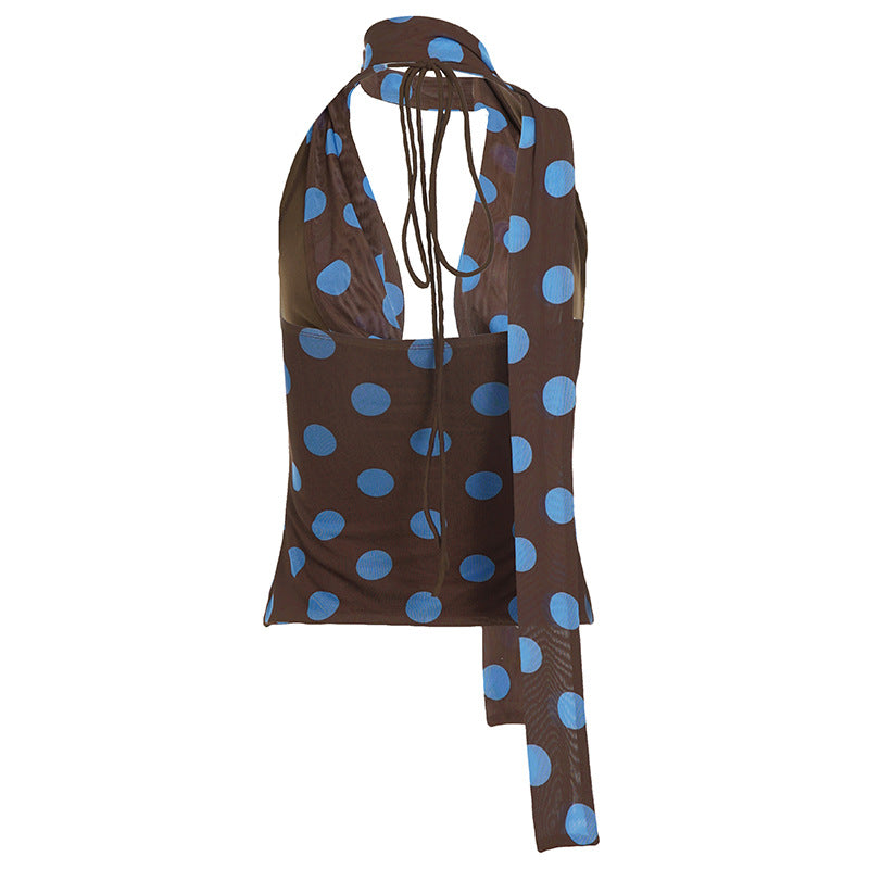 Dot Sheer Cowl Halter Crop Top