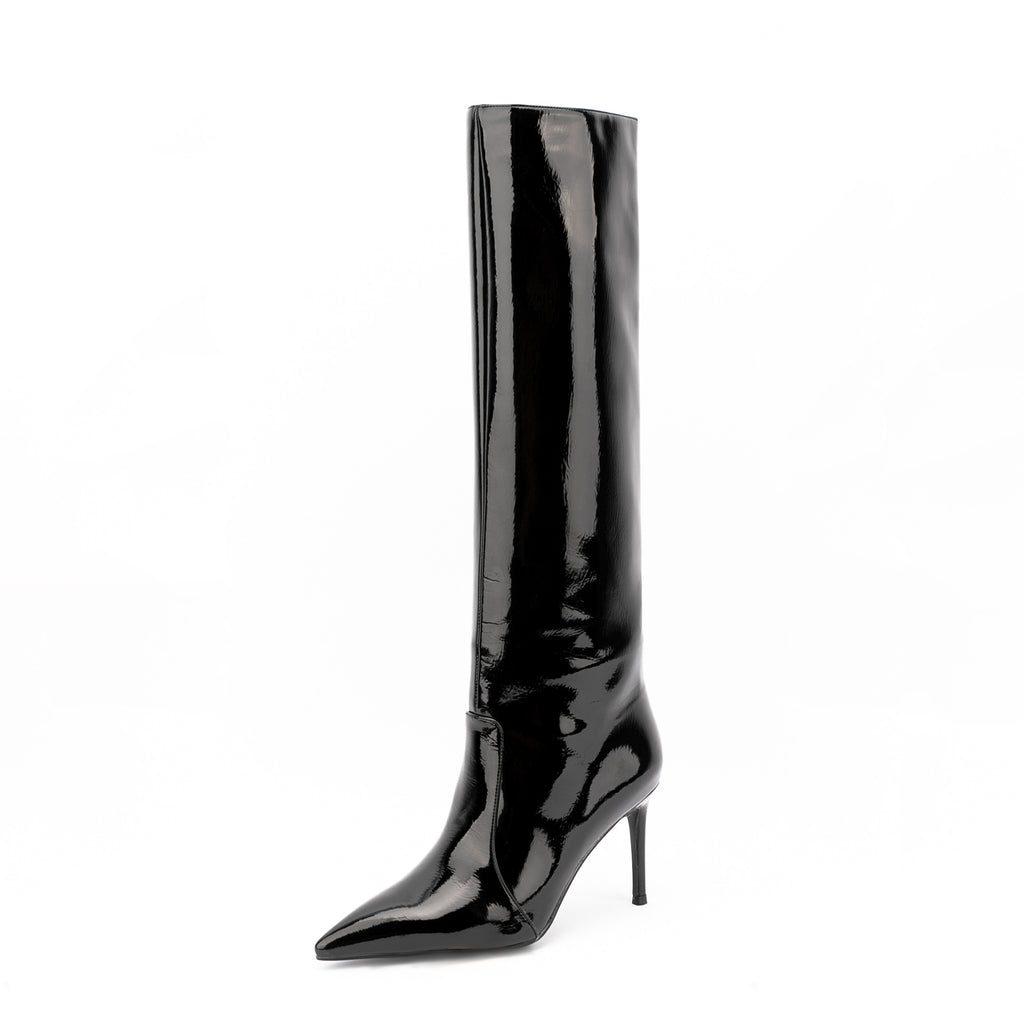 Black Patent Leather Pointed Toe Stiletto Knee High Boots