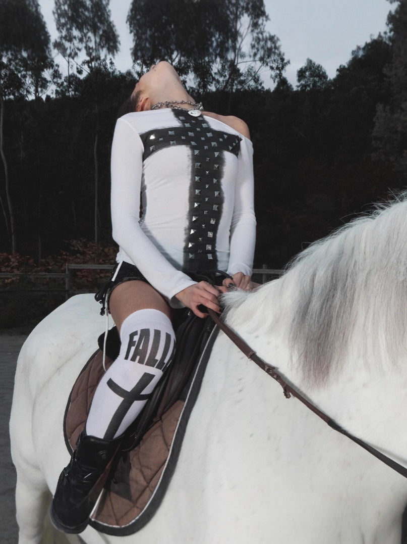 Rhinestone Cross One-Shoulder Long Sleeve Tee