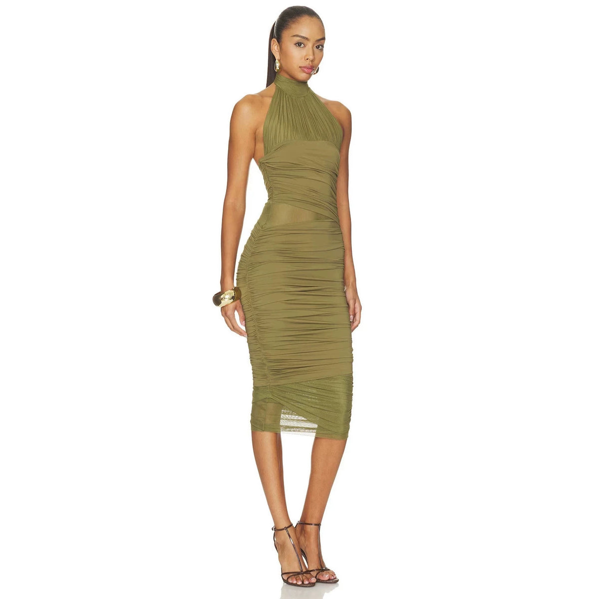 Emerald Green Ruched Halter Midi Dress(sale)