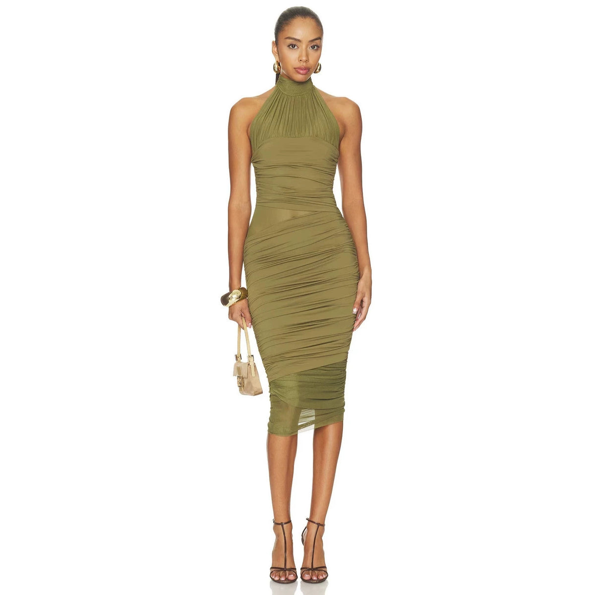 Emerald Green Ruched Halter Midi Dress(sale)