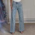 Rhinestone Washed Stretch Straight Jeans