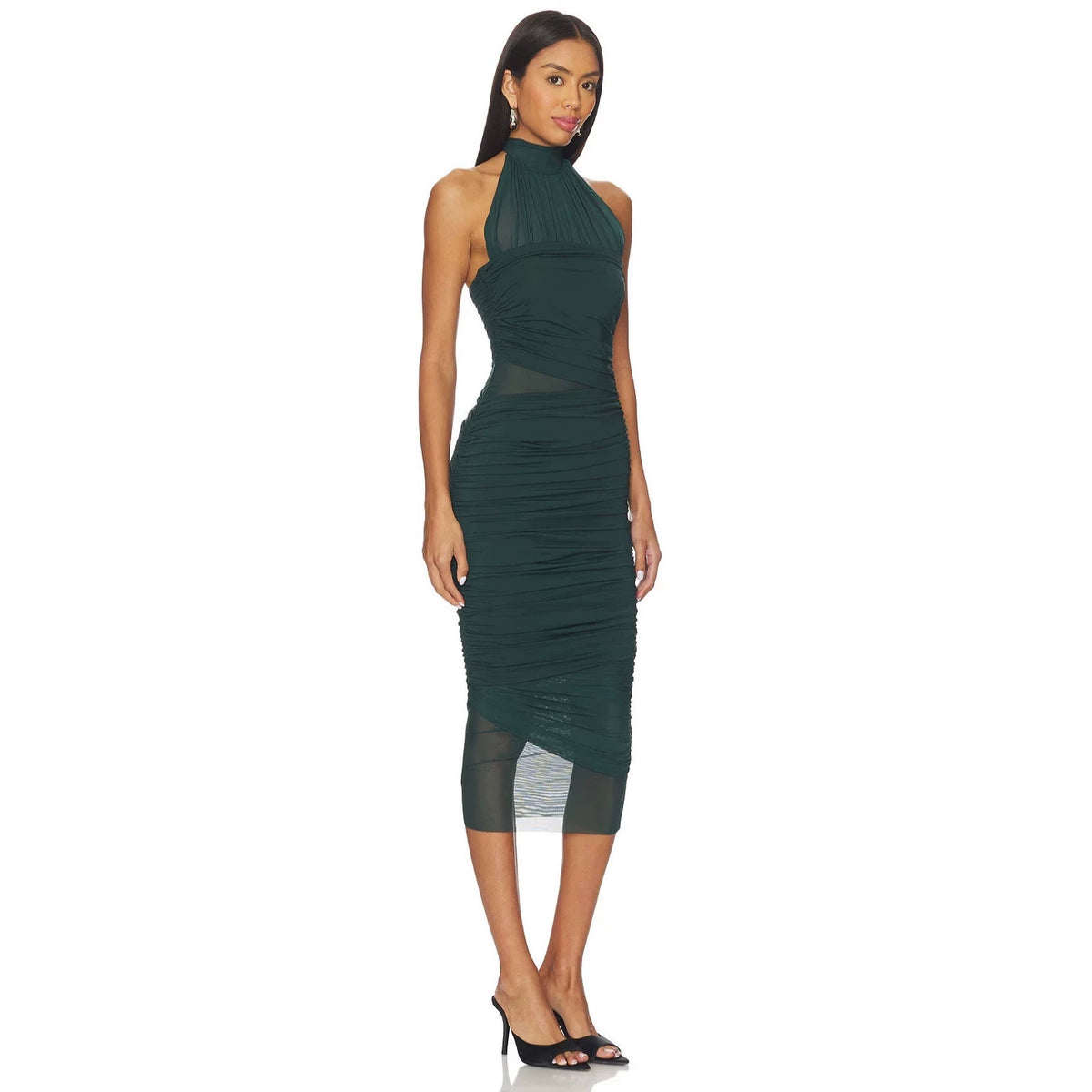 Emerald Green Ruched Halter Midi Dress(sale)