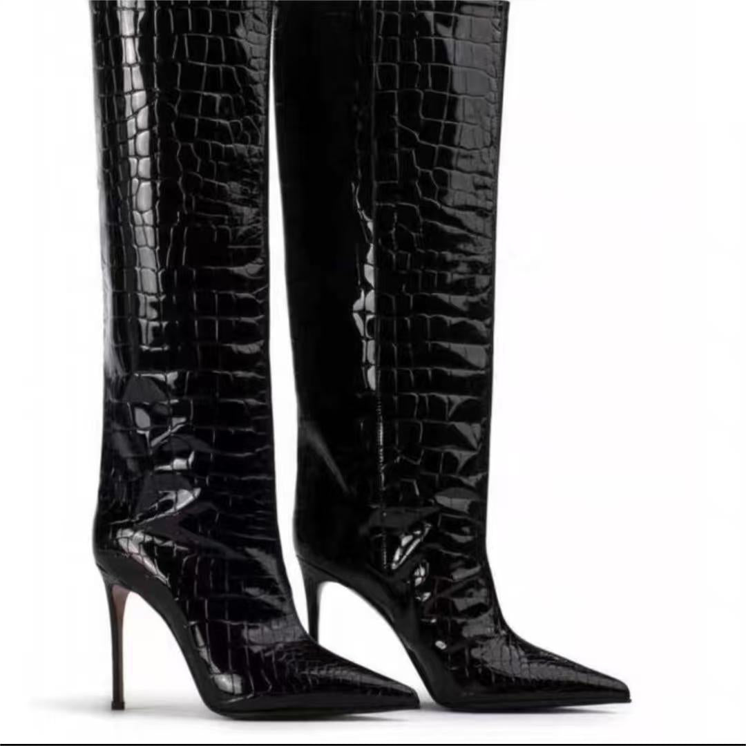 Faux Crocodile Leather Knee-High Boots