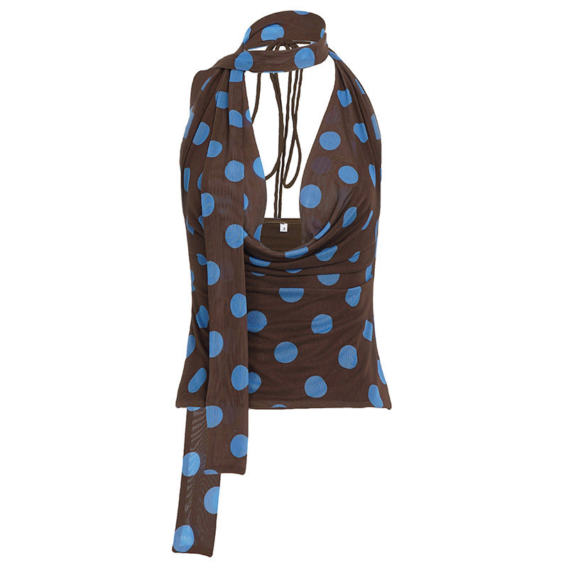 Dot Sheer Cowl Halter Crop Top