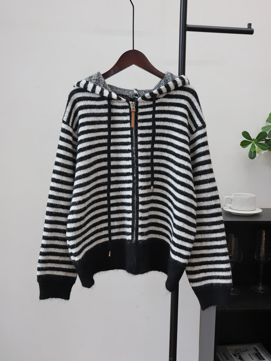 Striped Zip-Up Hoodie Knit Cardigan – Casual Chic