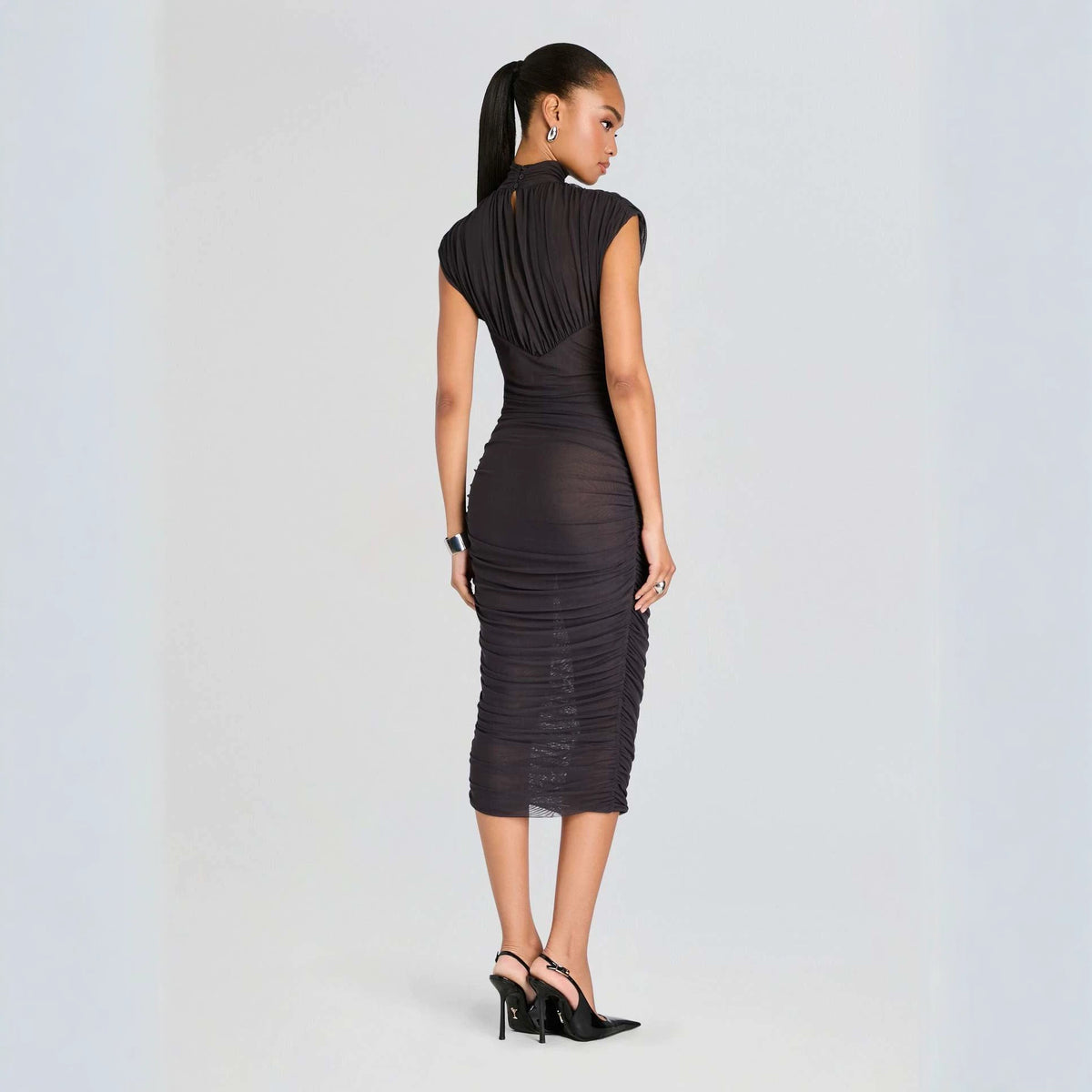 Black Ruched High Neck Cutout Bodycon Midi Dress