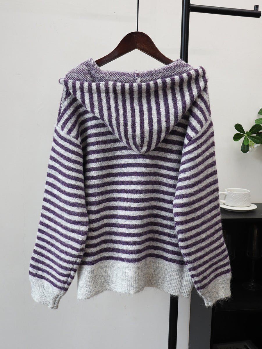 Striped Zip-Up Hoodie Knit Cardigan – Casual Chic