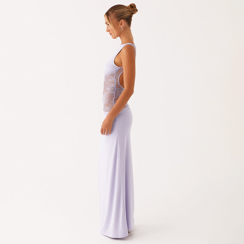 Lilac Blush Lace Halo Open-Back Maxi Dress