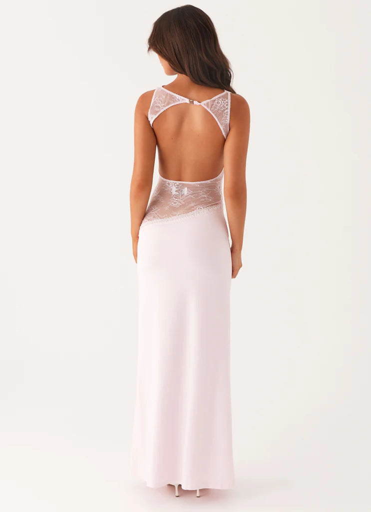 Blush Lace Halo Open-Back Maxi Dress