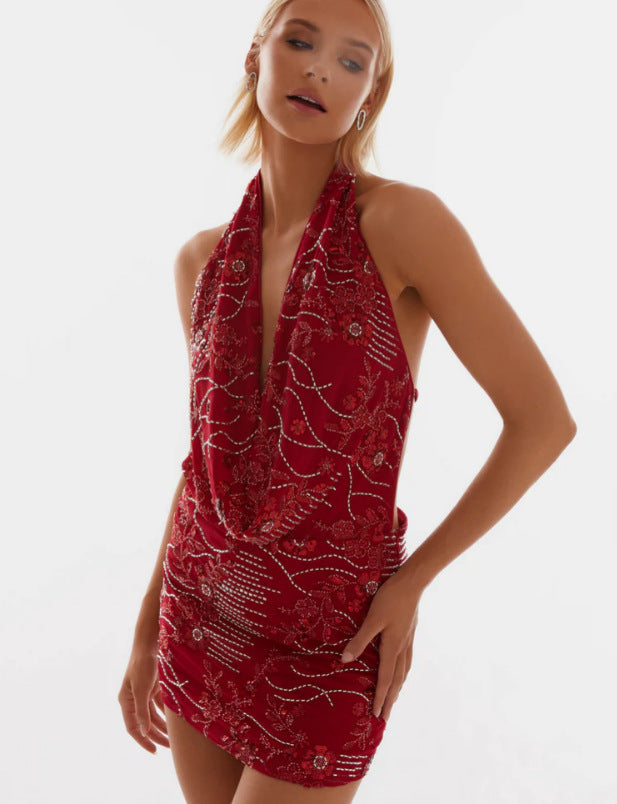 Crimson Radiance Halter Mini Dress