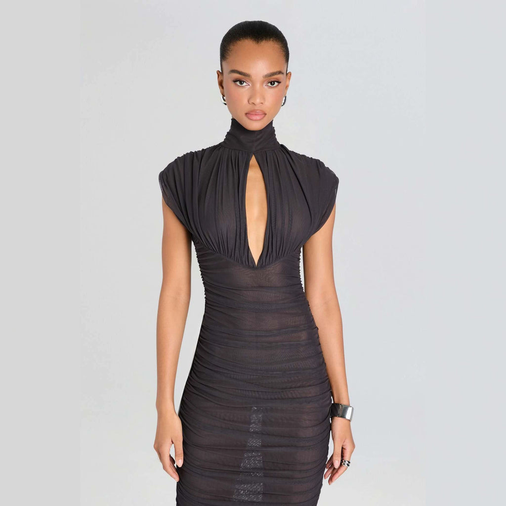 Black Ruched High Neck Cutout Bodycon Midi Dress