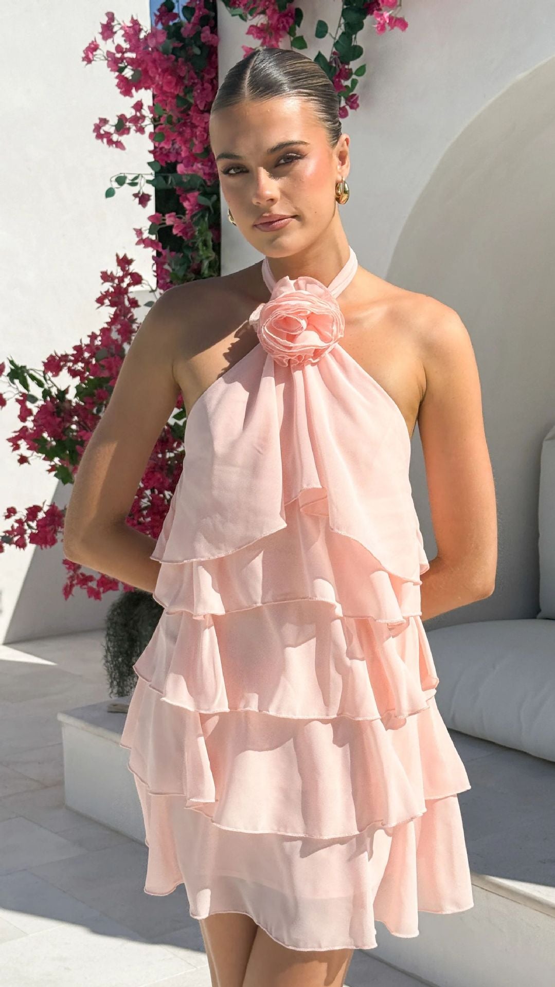 DH PRE-SPRING: REVEALED | "Blush Petal" Ruched Halter Maxi Gown