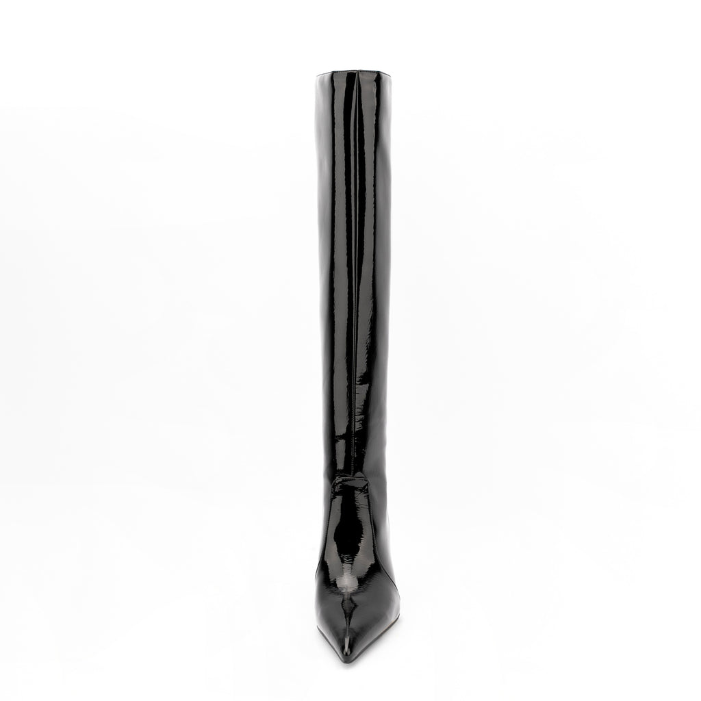 Black Patent Leather Pointed Toe Stiletto Knee High Boots