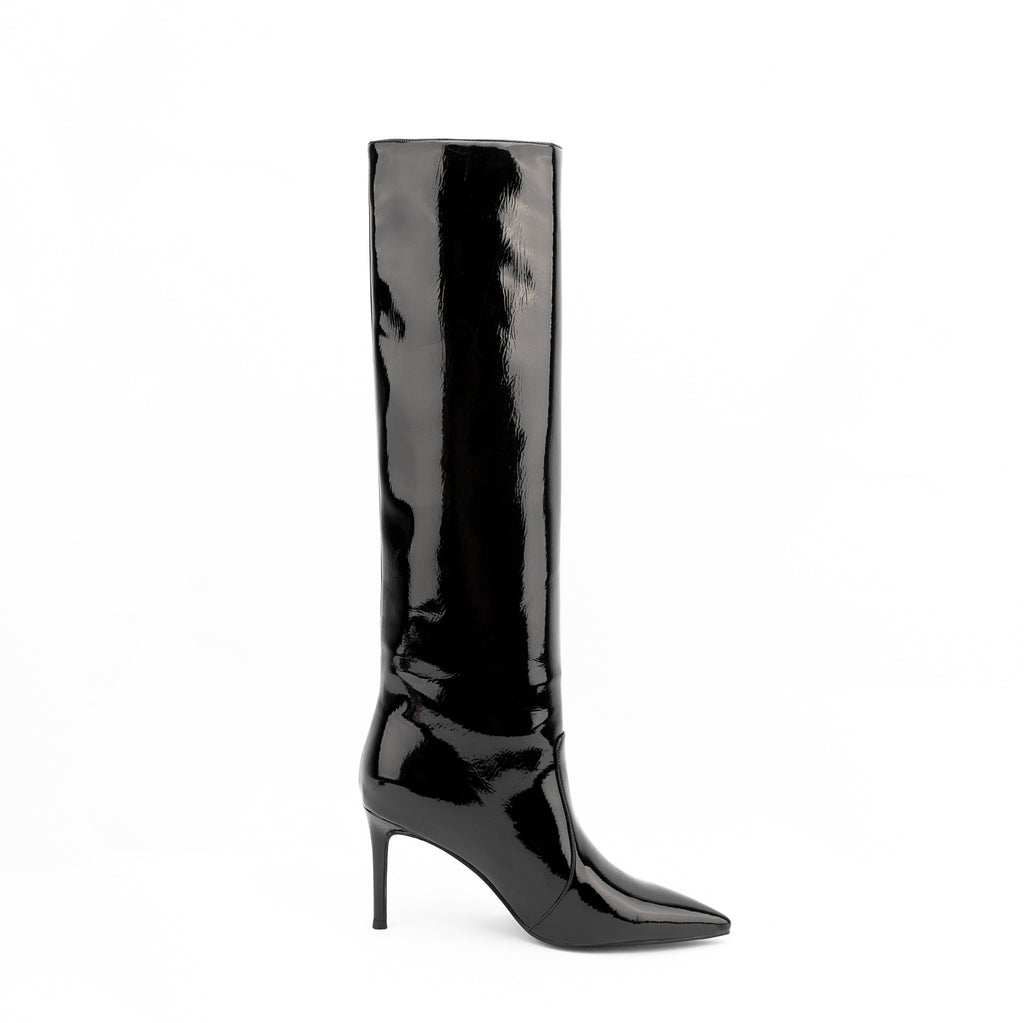 Black Patent Leather Pointed Toe Stiletto Knee High Boots