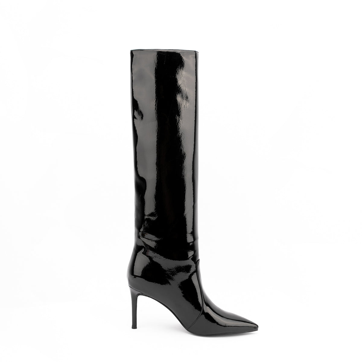 Black Patent Leather Pointed Toe Stiletto Knee High Boots