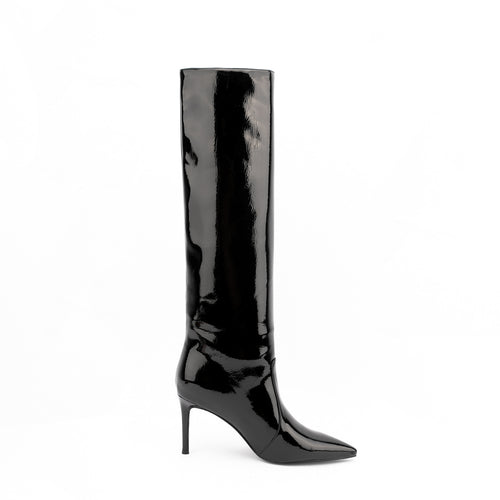 Black Patent Leather Pointed Toe Stiletto Knee High Boots
