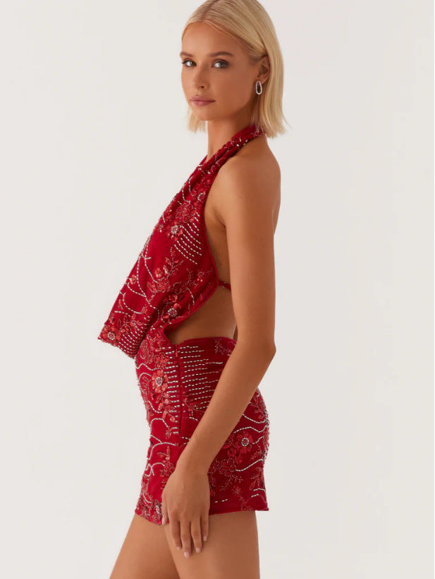 Crimson Radiance Halter Mini Dress