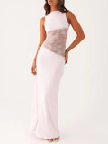 Blush Lace Halo Open-Back Maxi Dress