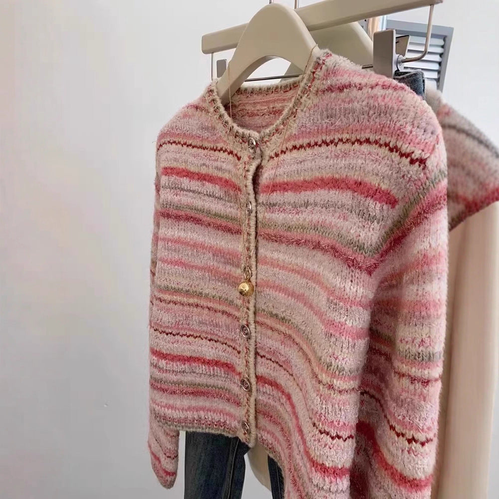 Striped Tweed-Inspired Knit Cardigan – Chic & Cozy