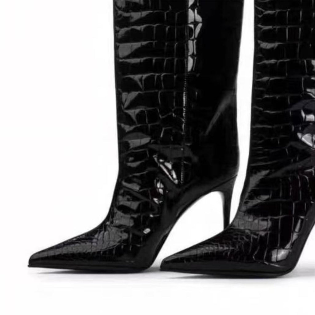 Faux Crocodile Leather Knee-High Boots
