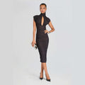 Black Ruched High Neck Cutout Bodycon Midi Dress